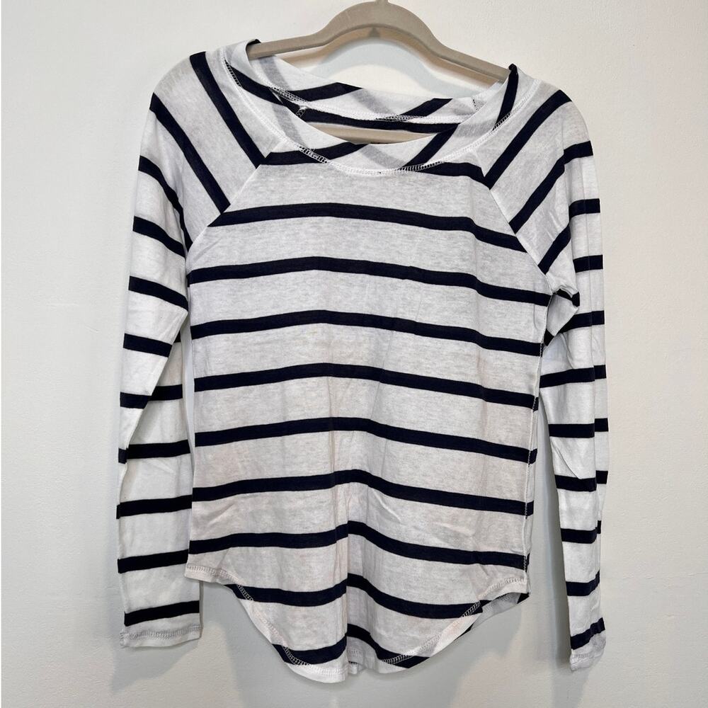 Chaser White Navy Blue Breton Stripe Long Sleeve Scoop Neck T Shirt W Sz Small